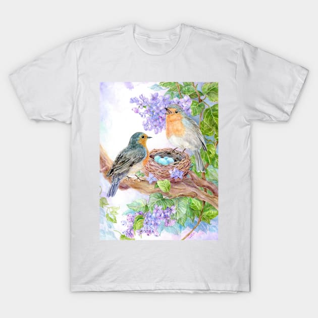 Robins with Nest and Eggs T-Shirt by cristinahansen